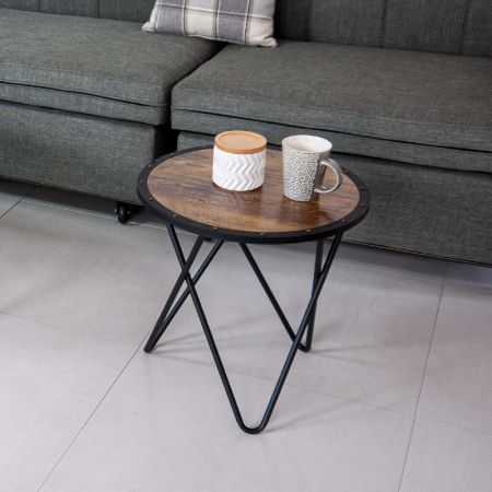 Mesa auxiliar de hierro con panel redondo de madera de roble marrón oscuro - Mesa auxiliar de hierro con panel redondo de madera de roble marrón oscuro